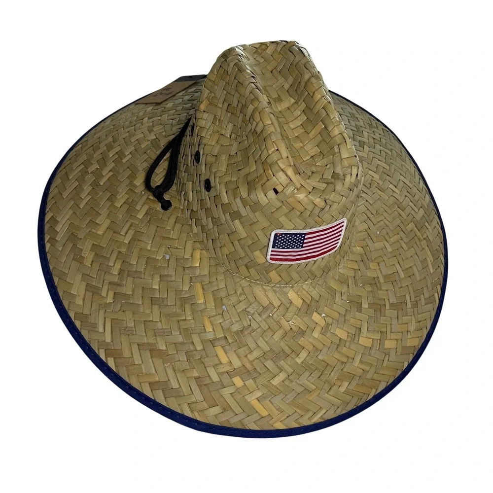 Straw Cowboy Hat with American Flag Patch and Brim Trim